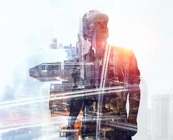 Worker's reflection in a window of Civil Engineering Companies Davenport IA