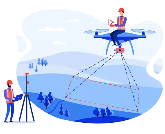 Drone Surveys Davenport IA 1 An illustration of surveyors operating drones to conduct Drone Surveys in Davenport IA