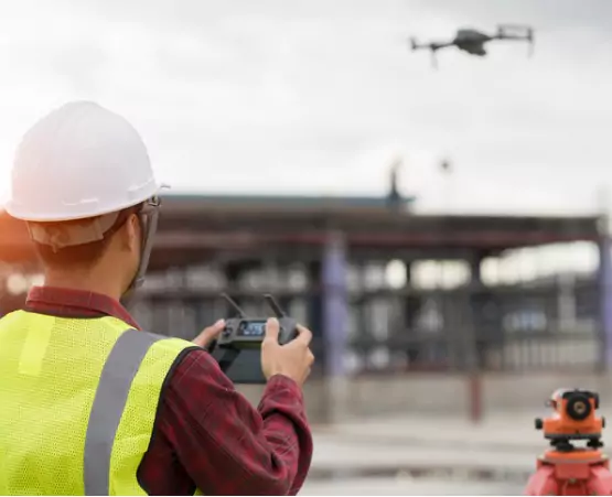 A civil engineer controlling a drone over a construction site, conducting Drone Surveys in Rock Island IL