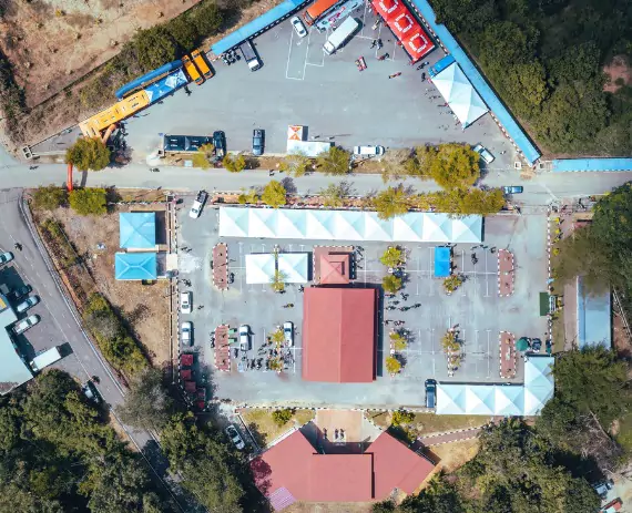 An overhead drone shot of a property is seen. Austin Engineering performs drone surveys.