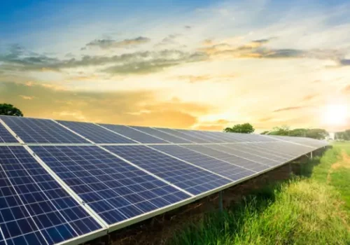 Solar panels sitting out in a field, part of a new solar farm