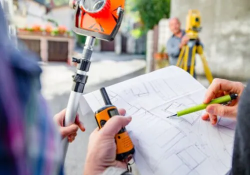 Surveyors looking at a map of a city street, discussing commercial surveys in Illinois