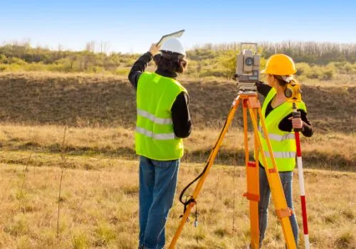 Two members of Austin Engineering's Survey Crews in Champaign IL work on the job.