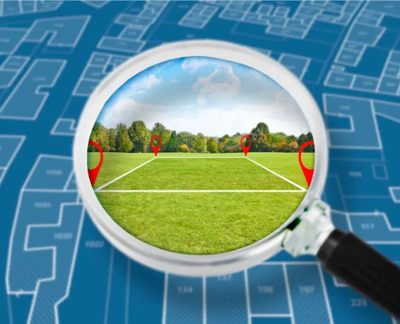 A magnifying glass looking at a design document for a subdivision, representing a step part of Commercial Surveys in Peoria IL