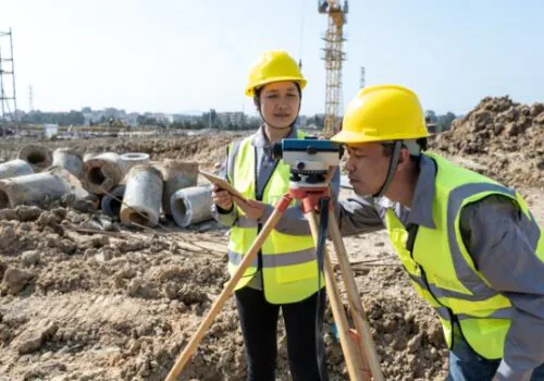 Two engineers work on site doing Commercial Surveys in Moline IL