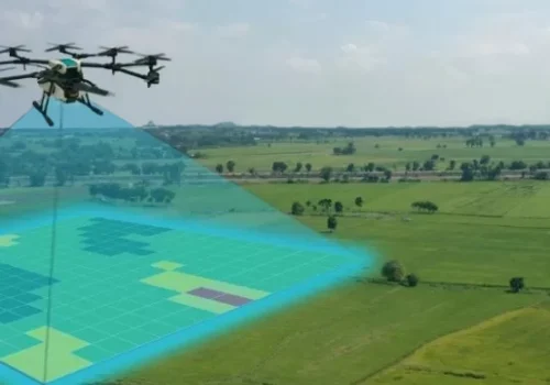 drone overhead surveying land and topography