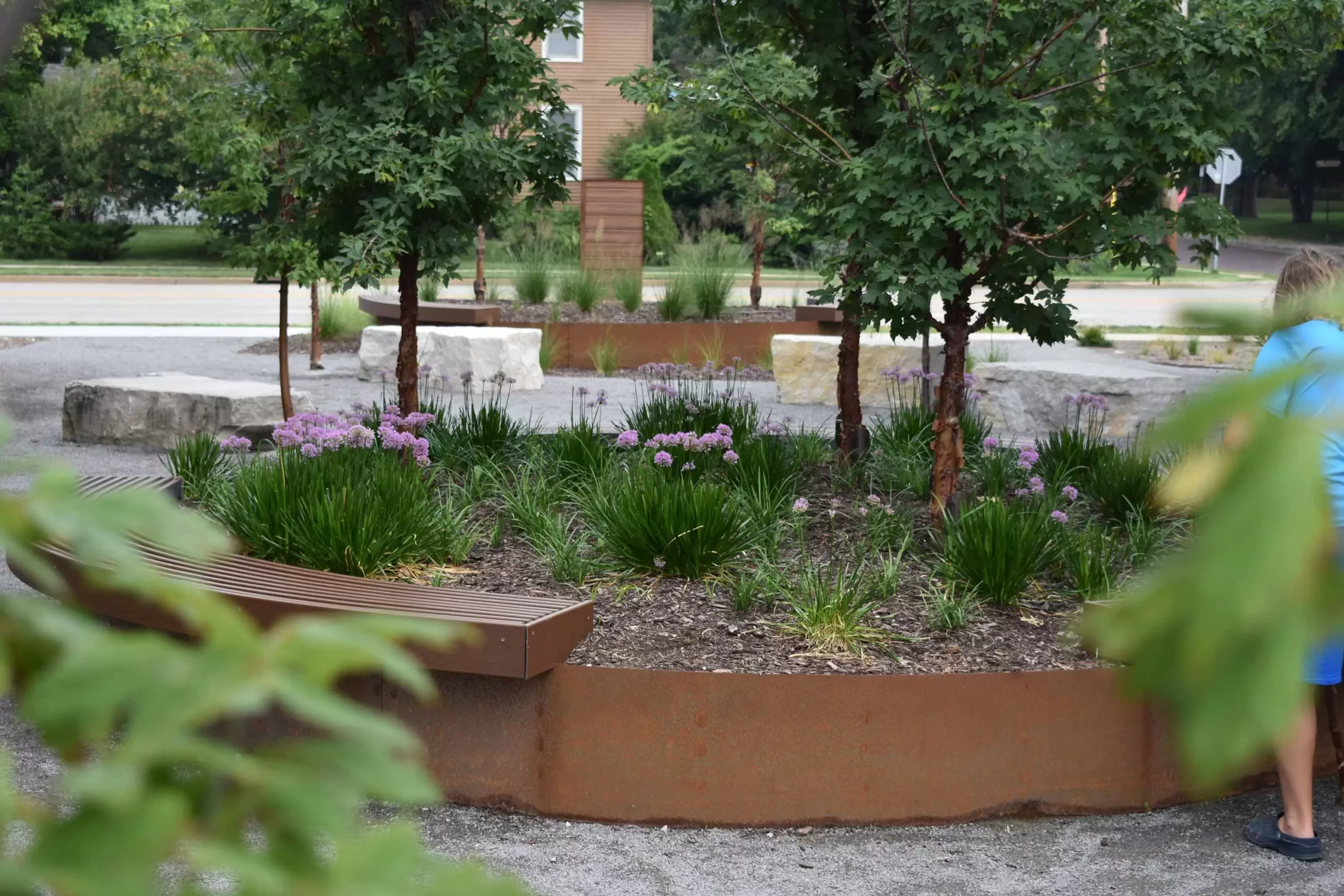 Corten steel planters placed around the site of The Foundry in Bloomington IL